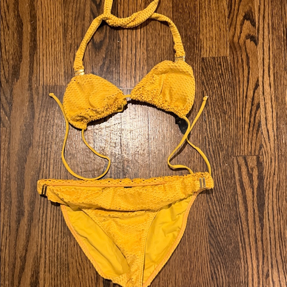 Textured Yellow Triangle Bikini Set - Adjustable Halter Top & Low-Rise Bottom